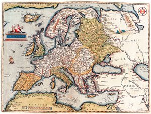 وصف القارة الأوروبية. خريطة جغرافية من "Theatrum Orbis Terrarum" لأبراهام أورتيليوس بواسطة إبراهيم أورتيليوس