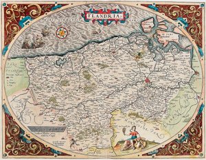 خريطة جغرافية فلاندريا لإقليم فلاندرز من "Theatrum Orbis Terrarum" بواسطة أبراهام أورتيليوس (Oertel أو Ortell أو Ortel بواسطة إبراهيم أورتيليوس
