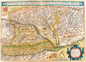 المجرية Descriptio ، وولفجانجو لاتسيو أوكت. خريطة جغرافية لإقليم المجر من "Theatrum Orbis Terrarum" بواسطة أبراهام أورتيليوس (Oertel أو Ortell أو Ortel بواسطة إبراهيم أورتيليوس