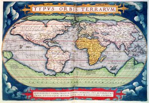 خريطة العالم: "Typus Orbis Terrarum" ، من "العالم الجديد الأمريكي" لأورتيليوس