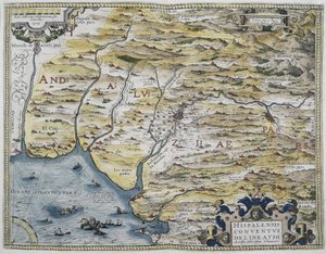 أورتيليوس، أبراهام (1527-1598). Theatrum Orbis Terrarum. 1570. يعتبر أول أطلس حديث. شافيس، جيرونيمو دي (1523-1574). عالم رياضيات وفلكي وملاح. خريطة غرب الأندلس. استناداً إلى خريطة هيرونيموس تشافيس (جيرونيمو دي بواسطة إبراهيم أورتيليوس