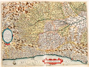 Vicinorumque بيدمونت الإقليمية Auctore Castaldo Descrip. خريطة جغرافية لإقليم إيطاليا من موناكو إلى فرنسا إلى الجين الذي يمر عبر مقاطعات الإمبراطورية من سافونا وجنوة من "أطلس" بواسطة جيرارد مركاتور ( بواسطة إبراهيم أورتيليوس
