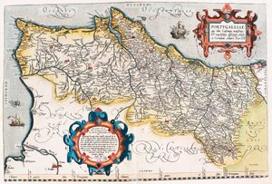 خريطة الجغرافيا البرتغالية لإقليم البرتغال من "Theatrum Orbis Terrarum" بقلم أبراهام أورتيليوس (Oertel أو Ortell أو Ortel بواسطة إبراهيم أورتيليوس