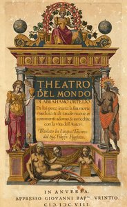 ثياتروم أوربيس تيراروم ، بقلم أبراهام أورتيليوس (1527-1598) ، صفحة العنوان للطبعة الإيطالية التي ترجمها فيليبو بيجافيتا ، أنتويرب ، طبعة جيوفاني باتيستا أورينتيو بواسطة إبراهيم أورتيليوس