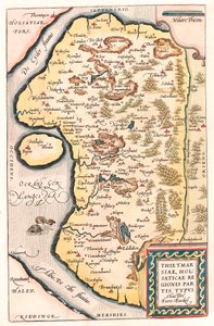 Thietmarsiae ، Holsaticae regionis طباعة خريطة جغرافية لشمال ألمانيا مع مدينة Kuden مأخوذة من "Theatrum Orbis Terrarum" لأبراهام أورتيليوس (Oertel أو Ortell أو Ortel بواسطة إبراهيم أورتيليوس