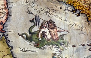 تريتون وسيرين في البحر الأبيض المتوسط. "Theatrum Orbis Terrarum" لأبراهم أورتيليوس أنتويرب 1584. بواسطة إبراهيم أورتيليوس