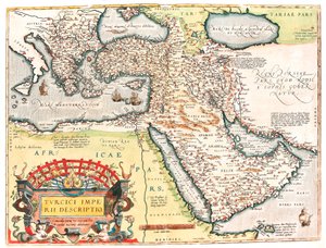 Turcici imperii descriptio خريطة جغرافية لإقليم الإمبراطورية العثمانية مأخوذة من "Theatrum Orbis Terrarum" بواسطة أبراهام أورتيليوس (Oertel أو Ortell أو Ortel بواسطة إبراهيم أورتيليوس