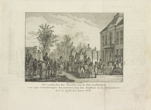 تقديم مفاتيح المدينة للويس نابليون ، 1808 عرض المفاتيح ، من مدينة أمستردام إلى جلالة الملك ، أمام Regthuis في Diemermeer ؛ 20 أبريل من عام 1808 (العنوان على الكائن) بواسطة ابراهام فينكيليس