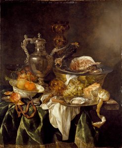 لا تزال الحياة مع جرة النبيذ الفضي وصورة منعكسة للفنان ، c1657 بواسطة ابراهام فان بيرين