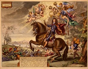 تشارلز الثاني مع تفاني في اللغة الفرنسية ، مع جسر لندن القديم في الخلفية ، من The Method and New Invention of Dressing Horses بواسطة William Cavendish ، تم نشره عام 1737 (الطبعة الثانية) (aquatint)