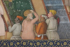 تفاصيل من الإمبراطور جهانكير مع رجال مقدسين في حديقة ، c.1615 (مرحاض غير شفاف وذهب على ورق)