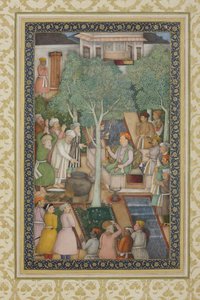 الإمبراطور جهانكير مع رجال مقدسين في حديقة ، c.1615 (مرحاض غير شفاف وذهب على ورق)