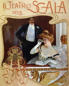 زوجان في غرفة تبديل الملابس في Teatro alla Scala. الشابة تراقب المشهد بمنظار. رسم توضيحي لأخيل بلترام. بواسطة أخيل بيلترام