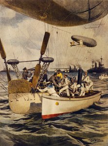 Airships resupplying battleships during their voyage, by Achille Beltrame, illustration, Illustrator Achille Beltrame (1871-1945), from La Domenica del Corriere, 5th May 1910 بواسطة أخيل بيلترام