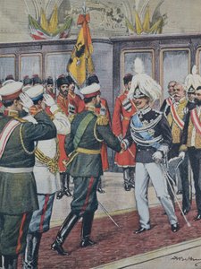 بلترام ، أخيل (1871-1945). فيكتور عمانويل الثالث (1869-1947). ملك إيطاليا (1900-1946) ؛ نيكولاس الثاني. قيصر روسيا (1894-1917). روسيا. يستقبل القيصر ملك إيطاليا فيكتوريو إيمانويل الثالث في بيترهوف. ألف رسم بيلترام. لا دومينيكا ديل سي بواسطة أخيل بيلترام