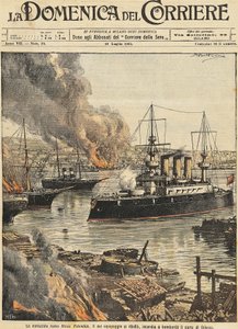 Battleship Potemkin bombarding Odessa, by Achille Beltrame, illustration, Illustrator Achille Beltrame (1871-1945), from La Domenica del Corriere بواسطة أخيل بيلترام
