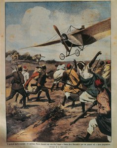 Cover illustration of Captain Moizo attempting a crash landing during the African Campaign, by Achille Beltrame (1871-1945), from La Domenica del Corriere, 22nd September 1912 بواسطة أخيل بيلترام