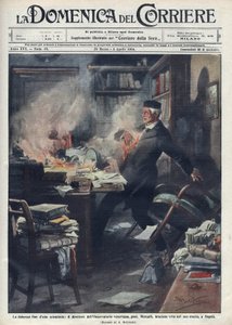 توفي في مختبره في نابولي من قبل جوزيبي ميركالي (1850-1914) ، عالم الزلازل وعالم البراكين الإيطالي. رسم توضيحي بواسطة أخيل بلترامي لـ "لا دومينيكا ديل كورييري" "". 1914. بواسطة أخيل بيلترام