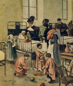 Distribution of Christmas gifts to poor children in hospital, by Achille Beltrame, illustration, Illustrator Achille Beltrame (1871-1945), from La Domenica del Corriere, 23rd November 1900 بواسطة أخيل بيلترام