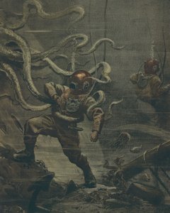 Diver being attacked by giant octopus during dive, by Achille Beltrame, illustration, Illustrator Achille Beltrame (1871-1945), from La Domenica del Corriere, 25th October 1908 بواسطة أخيل بيلترام