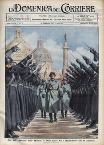 دوق بينيتو موسوليني يستعرض "فرسان" الميليشيا التطوعية للأمن القومي في روما. رسم إيضاحي لأخيل بلترام في "" أحد الساعي "" 14/02/1937. بواسطة أخيل بيلترام