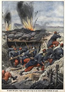 حلقة من حرب عام 1914: قصف الأعداء القوات الفرنسية في الخنادق. "La Domenica del Corriere" بواسطة أخيل بيلترام