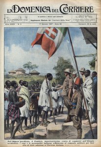 الفاشية 1937: اجتماعات في غامبيلا ، المركز التجاري للإمبراطورية الإثيوبية ، لرؤساء وشخصيات السكان الأصليين من أجل الانضمام إلى الحكومة الإيطالية. رسم توضيحي لأخيل بلترام في "" La domenica del corriere "" 17/01/19 بواسطة أخيل بيلترام