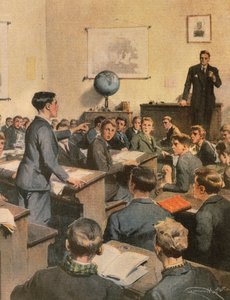 Fighting illiteracy, children at school, by Achille Beltrame, illustration, Illustrator Achille Beltrame (1871-1945), from La Domenica del Corriere بواسطة أخيل بيلترام