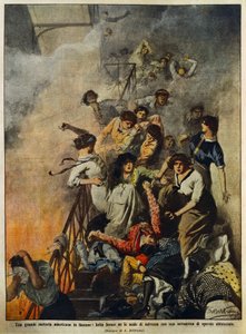 حريق في مصنع نسيج أمريكي كبير: عمال على درج ، رسم توضيحي لأخيل بيلترام (1871-1945) ، من لا دومينيكا ديل كوريير ، 10 أغسطس بواسطة أخيل بيلترام