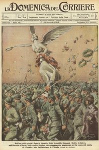 الحرب العالمية الأولى 1918 - إيطاليا في الحرب. يوم النصر. في ساعة المجد. بعد صراع جبار ، تضحيات هائلة ، وفيات ، وعواصف ، وجيش إيطاليا ، والجيوش الرومانية البطولية التي قاتلت من أجل قضية قدس الأقداس ، رفعت النصر. بواسطة أخيل بيلترام