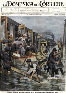 فيضانات في المناطق المحيطة بباريس في يناير 1910 ، غلاف "Domenica del corriere" الصادر في 6 فبراير بواسطة أخيل بيلترام