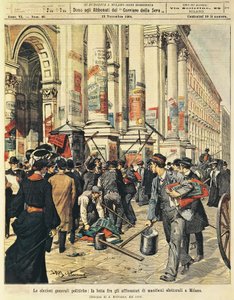 General elections in Milan: confrontations between people hanging political posters in Milan, by Achille Beltrame (1871-1945), from La Domenica del Corriere بواسطة أخيل بيلترام