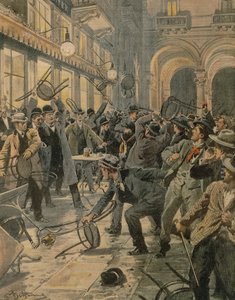 General workers strike in Milan, Riots in Galleria Vittorio Emanuele II, by Achille Beltrame, illustration, Illustrator Achille Beltrame (1871-1945), from La Domenica del Corriere بواسطة أخيل بيلترام