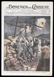 Italian soldiers putting Frisian horse on trench, plate by Achille Beltrame (1871-1945) for Domenica del Corriere, 2-9 April 1916, First World War, Italy, 20th century بواسطة أخيل بيلترام