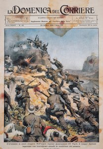 القوات الإيطالية تتقدم على الأراضي الإثيوبية ، رسم توضيحي من La Domenica del Corriere ، 20 أكتوبر بواسطة أخيل بيلترام