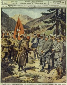 الحرب الإيطالية التركية أو الليبية (1911-1912) ، الجيش التركي يستسلم ويتخلى عن الأسلحة للجنرال الإيطالي أميجليو في رودس ، 26 مايو بواسطة أخيل بيلترام