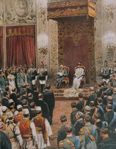 King of Italy, Vittorio Emanuele III of Savoy, being crowned King of Albanians, by Achille Beltrame, illustration, Illustrator Achille Beltrame (1871-1945), from La Domenica del Corriere بواسطة أخيل بيلترام