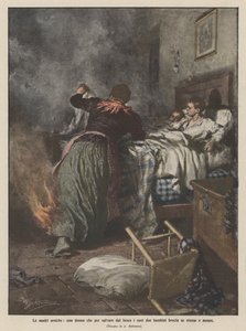 الأمهات البطل ، امرأة تحرق نفسها وتموت لإنقاذ طفليها من النار بواسطة Achille Beltrame