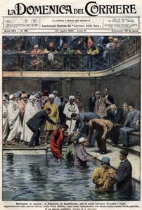 التعميد الجماعي: في غلاسكو ، اسكتلندا ، تم تعميد أكثر من مائة شخص ، أعضاء في كنيسة الكتاب المقدس الجديدة ، في بركة البلدية. رسم توضيحي لـ Beltrame. لا دومينيكا ديل كوريير. 22/7/1928. بواسطة أخيل بيلترام