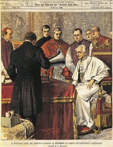 Pope Leone XIII reading Benediction into gramophone, by Achille Beltrame (1871-1945), from La Domenica del Corriere, 29th March 1903 بواسطة أخيل بيلترام