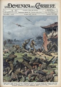 الحرب الصينية اليابانية الثانية (1937-1945): اشتباكات بين الأسلحة اليابانية والصينية بالقرب من بيكين ، وسرعان ما أبيد اليابانيون كتيبة صينية بأكملها. رسم إيضاحي لأخيل بلترام من "La domenica del corriere" بتاريخ 08/08/1937. بواسطة أخيل بيلترام