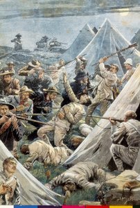 جنوب أفريقيا. حرب البوير الثانية. هجوم على معسكر تويفونتين الإنجليزي (1902). رسم توضيحي لأخيل بلترام. نقش. بواسطة أخيل بيلترام
