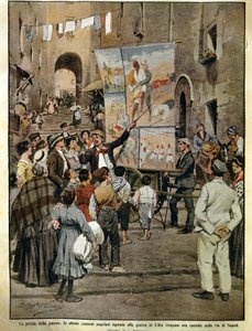 The Domenica del Corriere (صحيفة الأحد الإيطالية) من 8 ديسمبر 1910 ، الأغاني الشعبية المستوحاة من الحرب في ليبيا تغني في نابولي من قبل مغني القصص ، من قبل Achille Beltrame ، رسم توضيحي بواسطة أخيل بيلترام