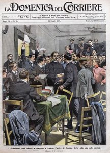 وصول مكسيم جوركي إلى غرفة الاجتماعات في الكونجرس بلندن بعد ثورة 1905 في روسيا. غلاف La Domenica del Corriere اعتبارًا من 26/05/1907. بواسطة أخيل بيلترام