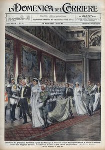 الزوجان الملكيان ، فيكتور إيمانويل الثالث (فيكتور إيمانويل) (فيتوريو إيمانويل الثالث) (1869-1947) وزوجته هيلين من الجبل الأسود ، يليهما الأمير هامبرت (أومبرتو) الثاني وماري جوزيه (ماري جوزيه من بلجيكا ، ماريا خوسيه من سافوي) ) اذهب إلى Paolina Chapel (Paol بواسطة أخيل بيلترام