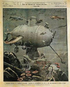 Underwater sea vessel for exploring seabed, illustration by Achille Beltrame (1871-1945), from La Domenica del Corriere, March 1 بواسطة أخيل بيلترام