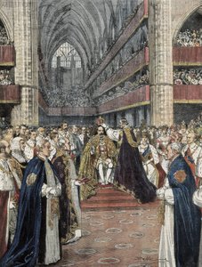 المملكة المتحدة (1901). تتويج إدوارد السابع في دير وستمنستر. رسم توضيحي لأخيل بلترام نُشر في Domenica del Corriere. نقش. بواسطة أخيل بيلترام
