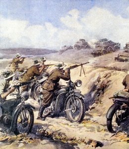 الحرب العالمية الثانية - 1940 1941 - الحملة في شمال إفريقيا - "صدام بين Bersaglieri والعناصر المدرعة البريطانية في Cyrenaica" من La Domenica del Corriere del 28 يوليو 1940 ، رسم إيضاحي بواسطة A بواسطة أخيل بيلترام