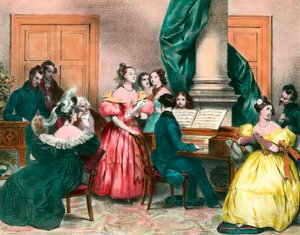 بعد ظهر موسيقي في العائلة نقش لأخيل ديفيريا (1800-1857) نقش من القرن التاسع عشر. مجموعة خاصة بواسطة أخيل ديفيريا
