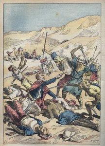وفاة مركيز موريس (أنطوان أميدي ماري فنسنت) مانكا دي فالومبروسا (1858-1896) ورفاقه بالقرب من الواطية (الواطية) في تونس عام 1896 - رسم لأخيل ليموت في "" Le-Pelerin " "بتاريخ يونيو ١٨٩٦
